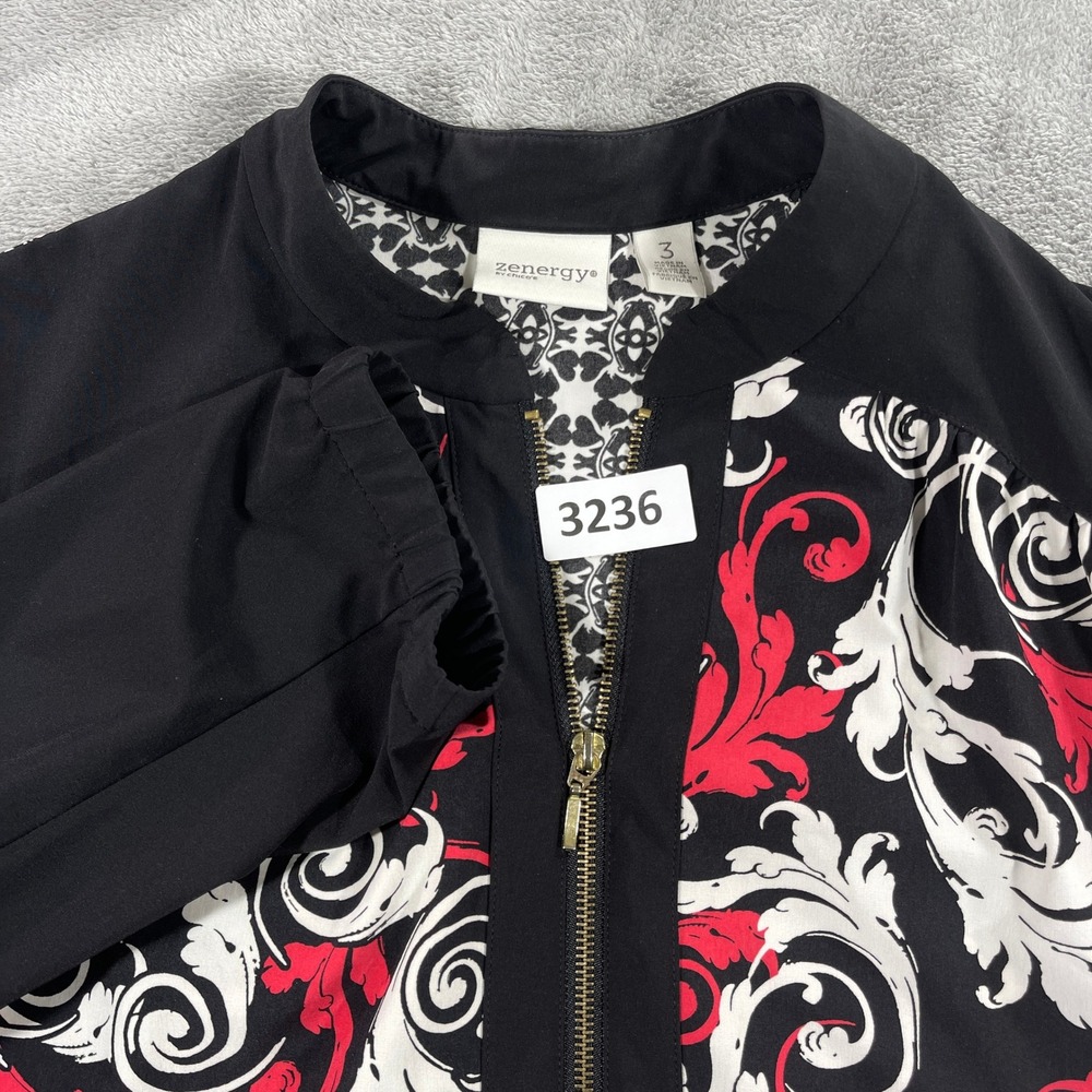 Zenergy by Chico's Jacket Women Size 3 Black Red Scroll Print Full Zip Bomber